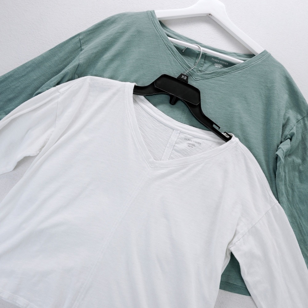 Eileen Fisher Lot of 2 Organic Cotton V-Neck Tops XXS White Blue Boxy Tee